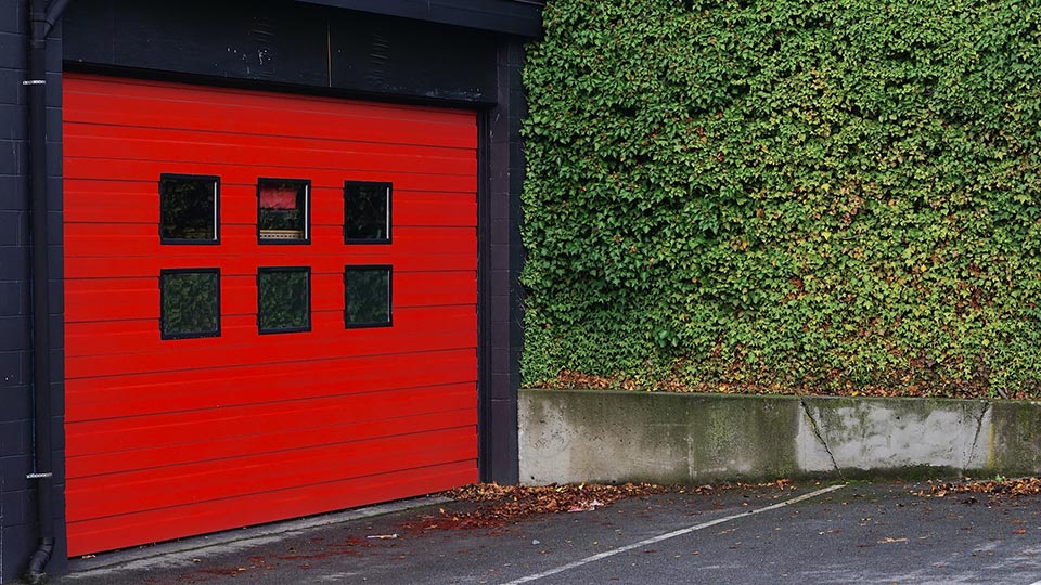 Red Garage Door with Windows